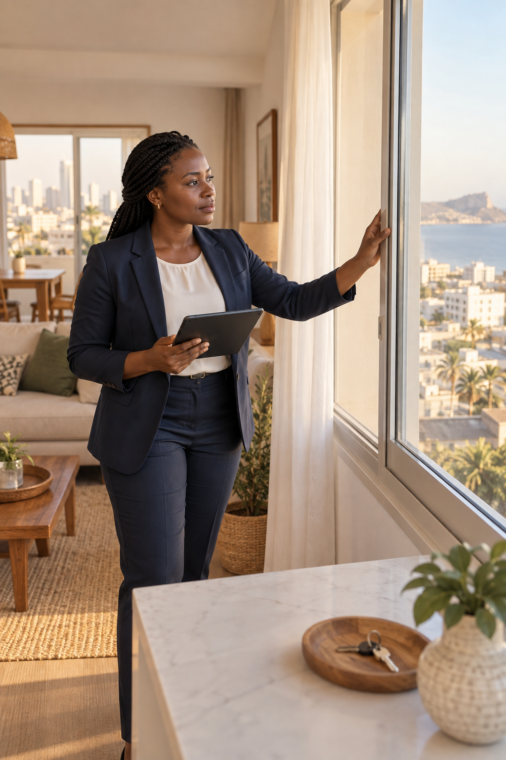 Gestionnaire vérifiant l'état d'un appartement à Dakar avec une tablette